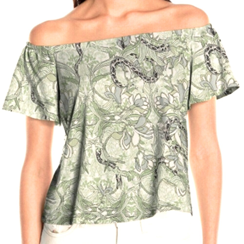 Guess Off Shoulder Top Green Print Knit Stretch Women’s XL NEW
